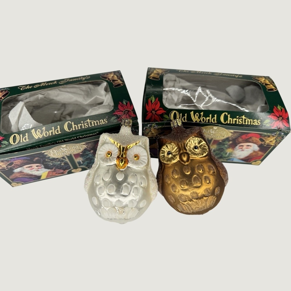 Old World Christmas Owl Glass Ornaments Lot of 2 w Boxes Merck Family NIB